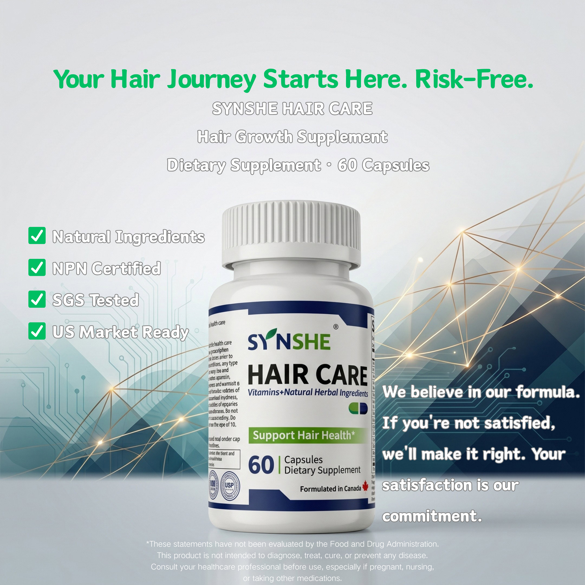 SYNSHE Hair Care Supplement – Natural Hair Growth Support with Biotin, L-Tyrosine & Botanical Extracts, for Men & Women, Helps Maintain Thicker, Fuller Hair & Healthy Scalp – 60 Capsules