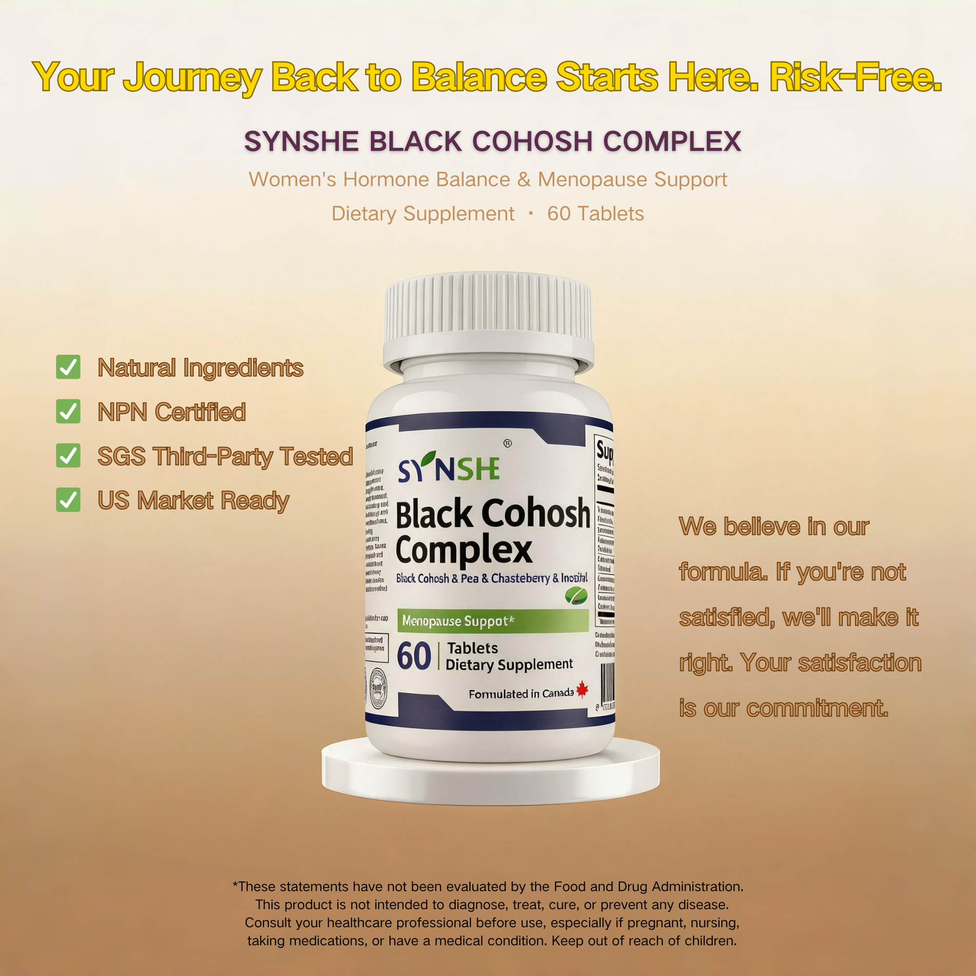 SYNSHE Black Cohosh Complex Supplement – 4-in-1 Hormone Balance & Menopause Support for Women, with Black Cohosh, Chasteberry, Pea Extract & Inositol, Supports Comfort During Hot Flashes, Night Sweats & Mood Swings, 60 Tablets (30-Day Supply)