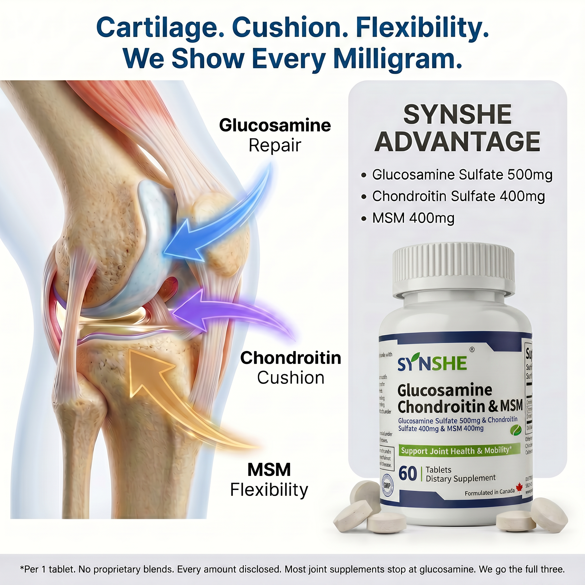 Synshe Glucosamine Chondroitin MSM Supplement - Triple-Action Joint Support with 500mg Glucosamine, 400mg Chondroitin & 400mg MSM for Cartilage Health, Joint Comfort & Mobility