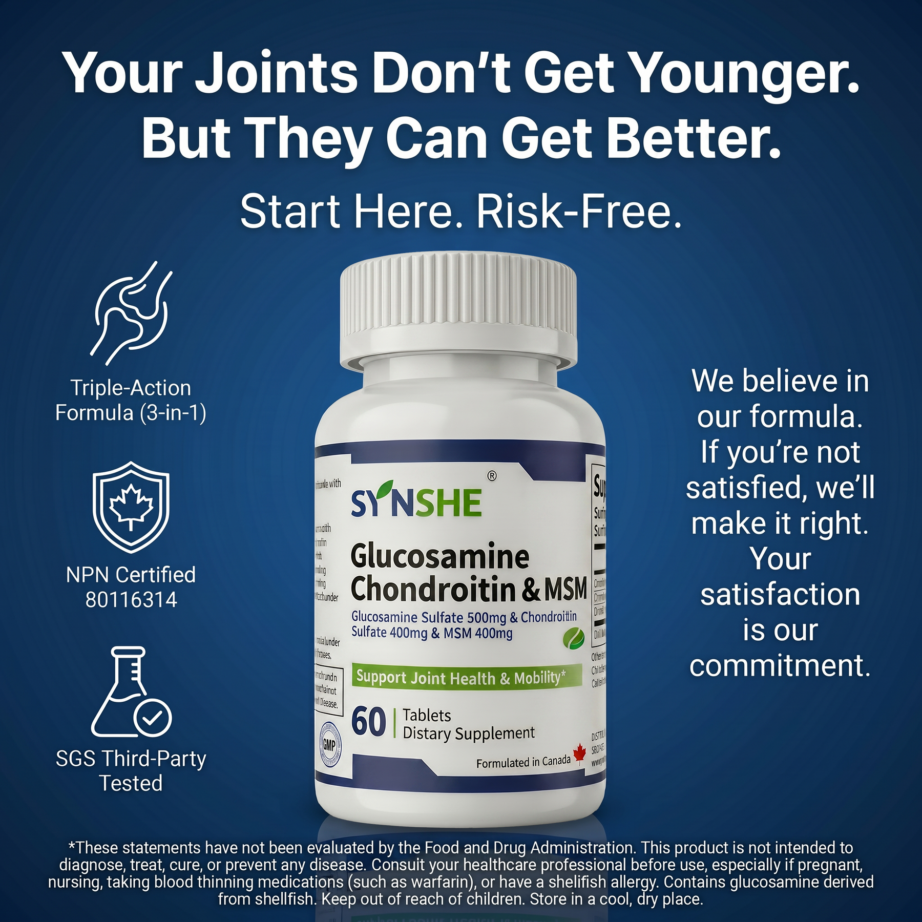 Synshe Glucosamine Chondroitin MSM Supplement - Triple-Action Joint Support with 500mg Glucosamine, 400mg Chondroitin & 400mg MSM for Cartilage Health, Joint Comfort & Mobility