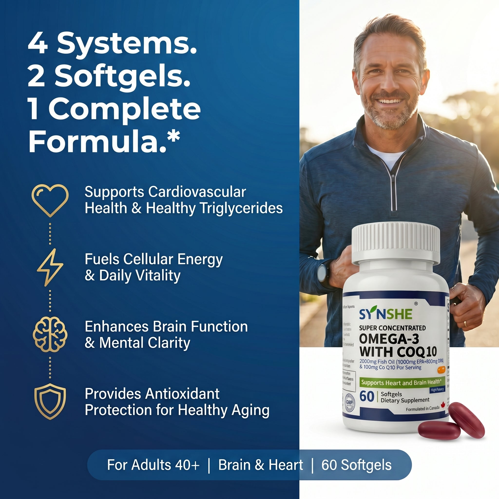 SYNSHE Omega-3 Fish Oil with CoQ10 – 90% Concentration, 1800mg EPA+DHA + 100mg CoQ10 per Serving, Supports Heart Health, Brain Function & Cellular Energy