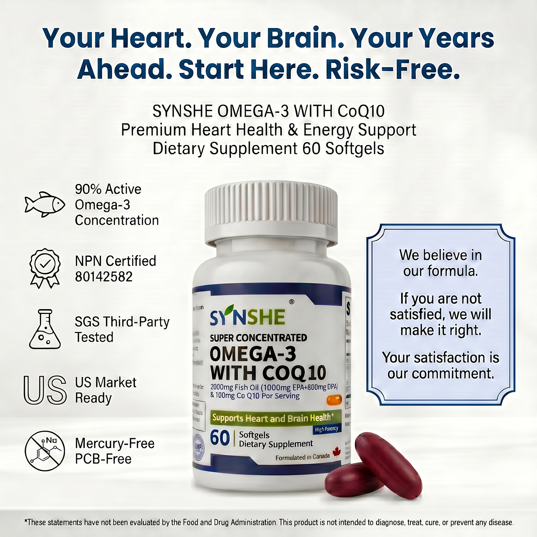 SYNSHE Omega-3 Fish Oil with CoQ10 – 90% Concentration, 1800mg EPA+DHA + 100mg CoQ10 per Serving, Supports Heart Health, Brain Function & Cellular Energy