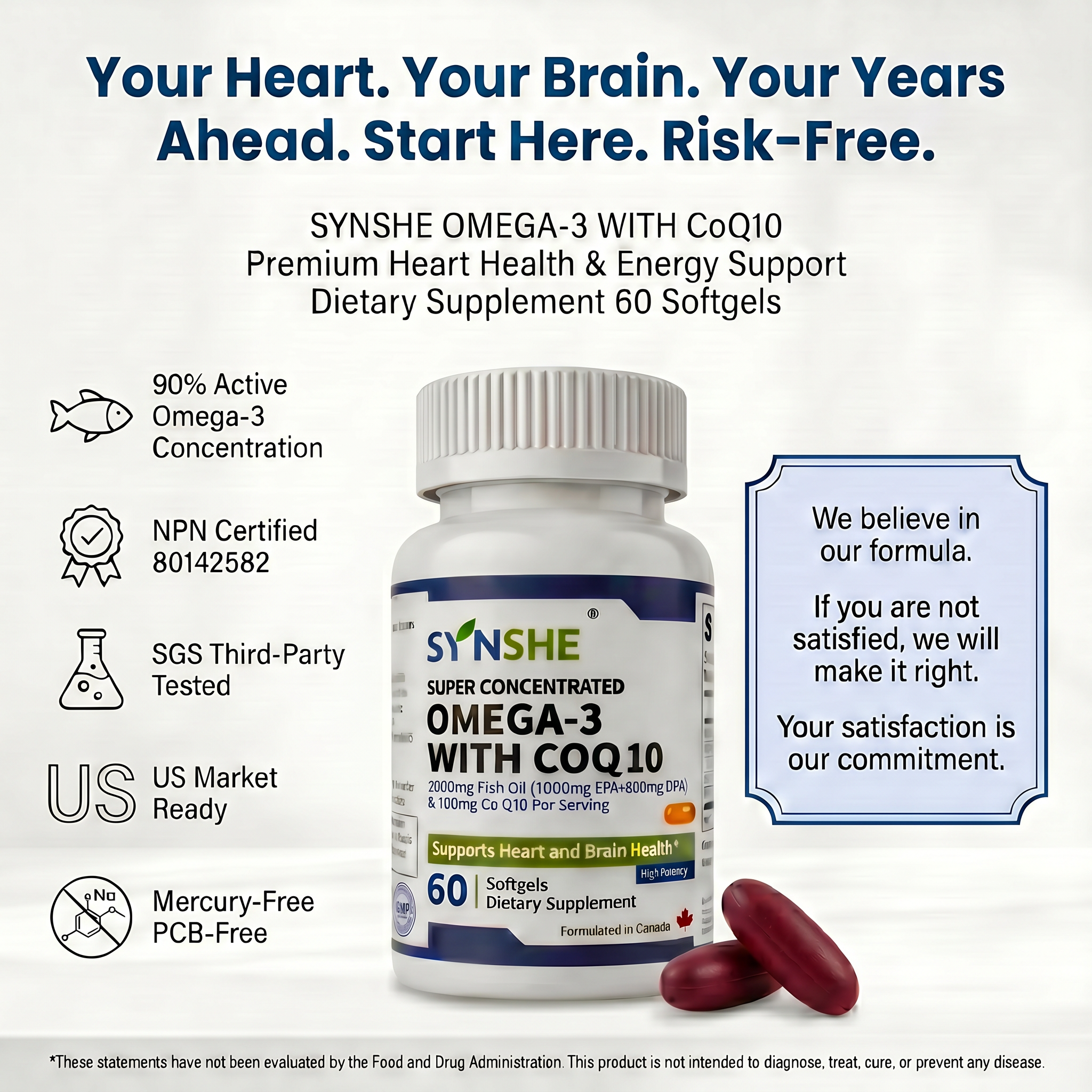 SYNSHE Omega-3 Fish Oil with CoQ10 – 90% Concentration, 1800mg EPA+DHA + 100mg CoQ10 per Serving, Supports Heart Health, Brain Function & Cellular Energy