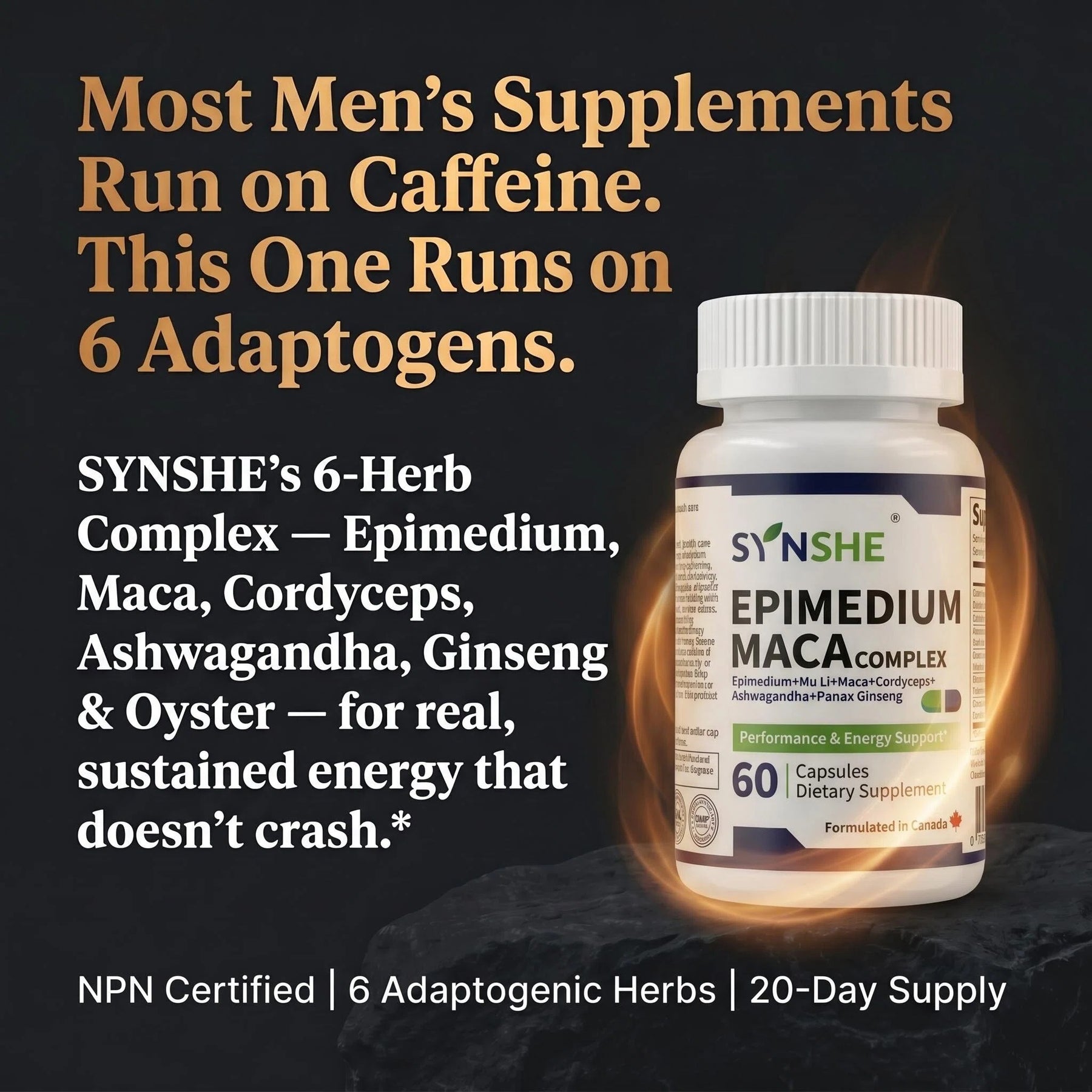 SYNSHE Epimedium Maca Complex — Epimedium & Maca Root for Sustained Energy & Vitality, Zero Caffeine, No Crash | NPN 80130899, 60 Capsules