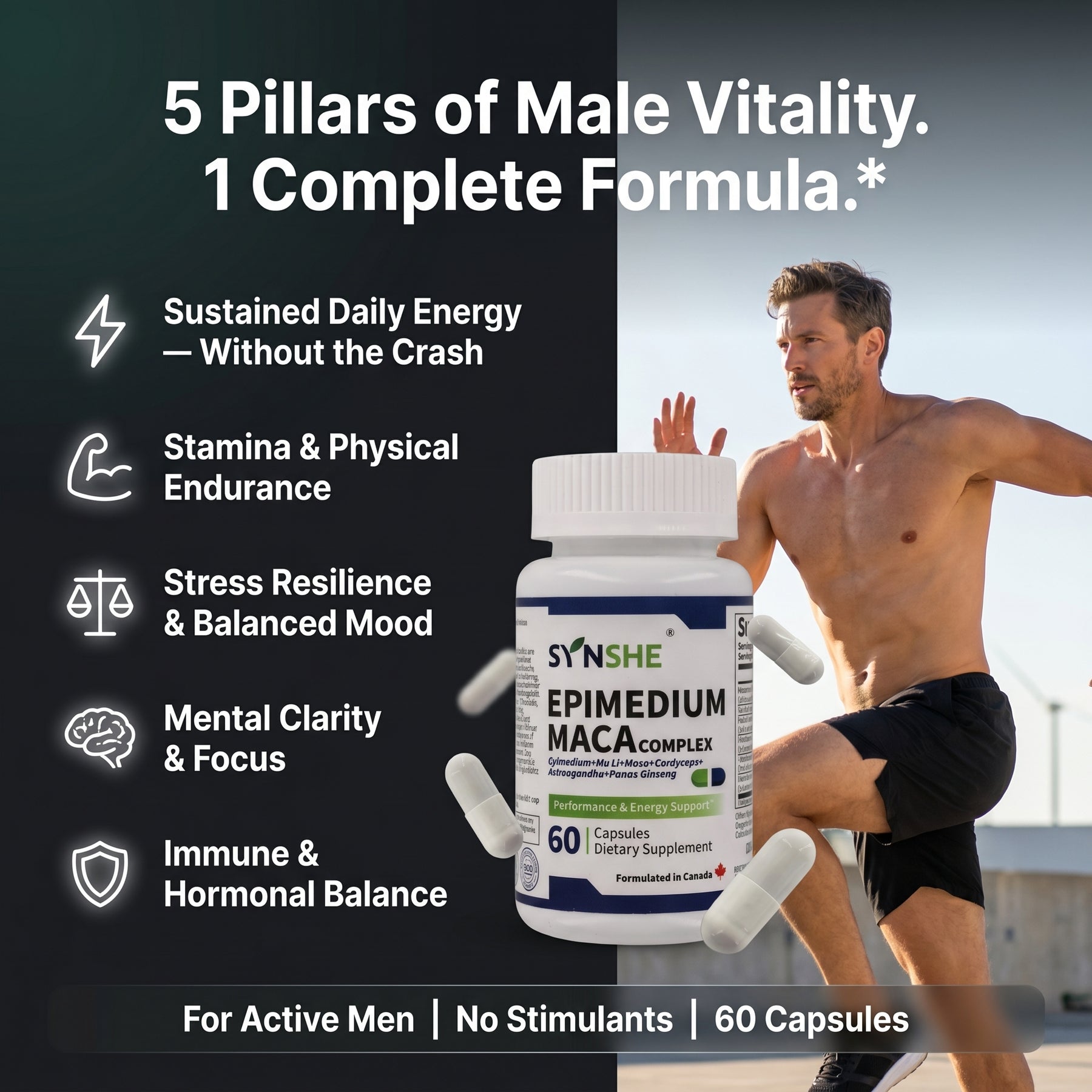 SYNSHE Epimedium Maca Complex — Epimedium & Maca Root for Sustained Energy & Vitality, Zero Caffeine, No Crash | NPN 80130899, 60 Capsules