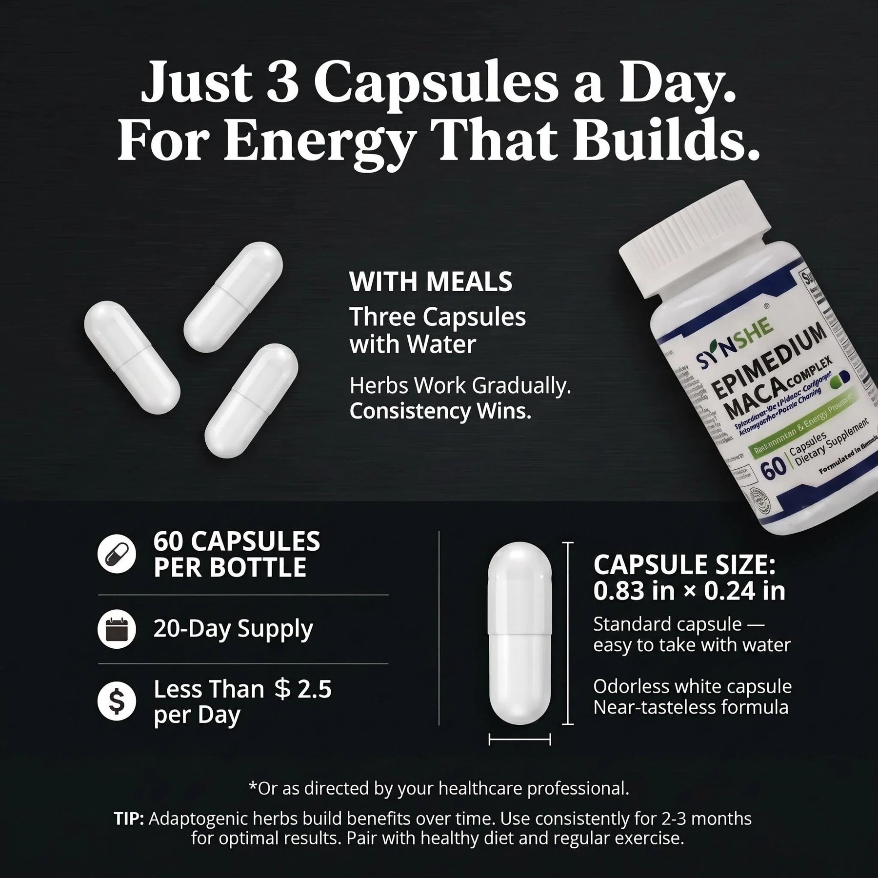 SYNSHE Epimedium Maca Complex — Epimedium & Maca Root for Sustained Energy & Vitality, Zero Caffeine, No Crash | NPN 80130899, 60 Capsules
