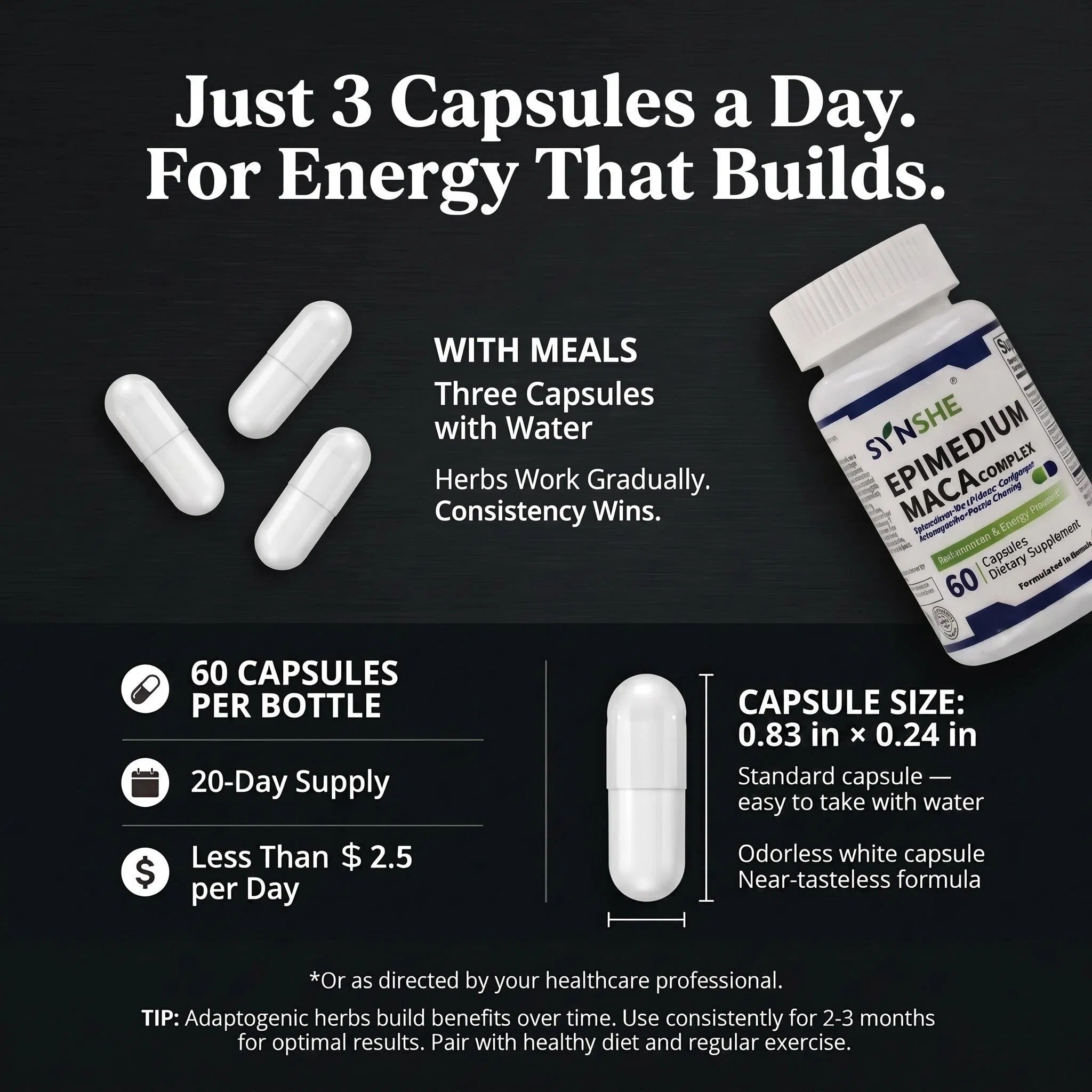SYNSHE Epimedium Maca Complex — Epimedium & Maca Root for Sustained Energy & Vitality, Zero Caffeine, No Crash | NPN 80130899, 60 Capsules