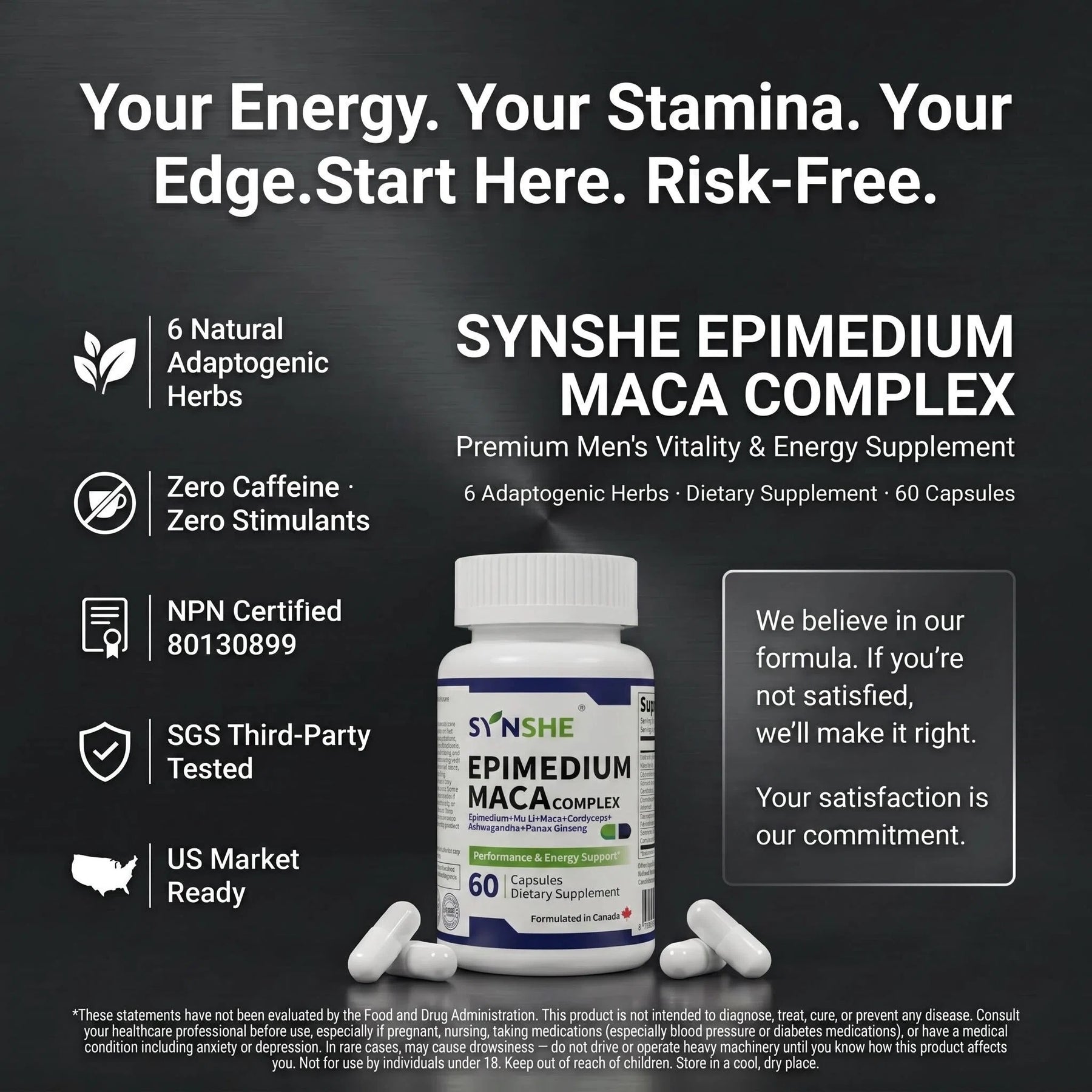 SYNSHE Epimedium Maca Complex — Epimedium & Maca Root for Sustained Energy & Vitality, Zero Caffeine, No Crash | NPN 80130899, 60 Capsules
