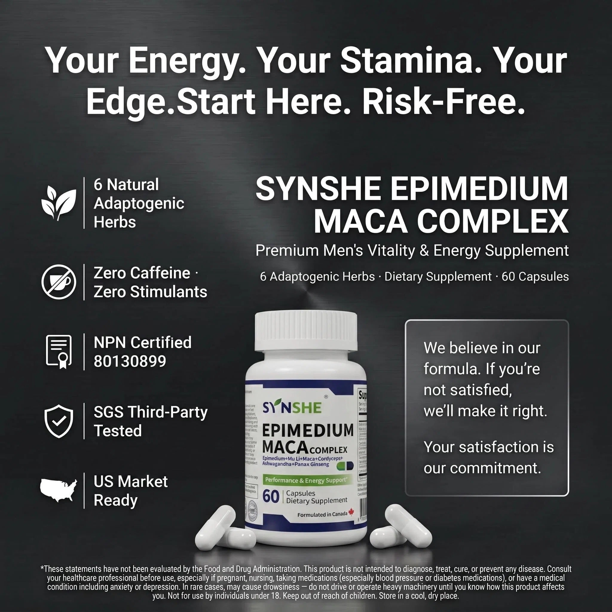 SYNSHE Epimedium Maca Complex — Epimedium & Maca Root for Sustained Energy & Vitality, Zero Caffeine, No Crash | NPN 80130899, 60 Capsules